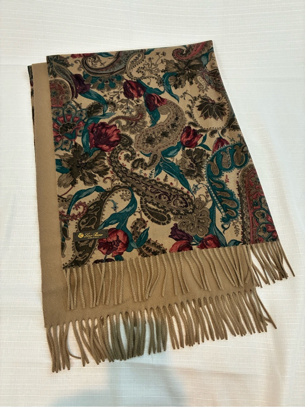 Loro Piana Cashmere Floral Paisley Fringe Scarf Beige with Teal & Burgundy
